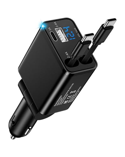 Retractable Car Phone Charger for Samsung S26 Android Fast USB C iPhone 18 - color: Black