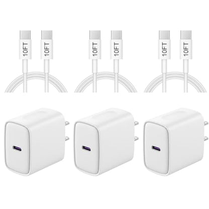 3 Pack iPhone 17 16 15 Charger Fast Charging 10FT - 20W USB C Charger Block - color: White, size: 10FT-3 Pack