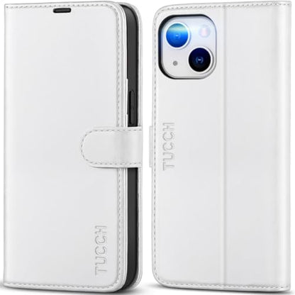 TUCCH Case Wallet for iPhone 13 (6.1") 2021, RFID Blocking Folio, White | 3 Card Holders, Kickstand, PU Leather, Magnetic Closure, Shockproof TPU Shell, Protective Flip Cover - color: White