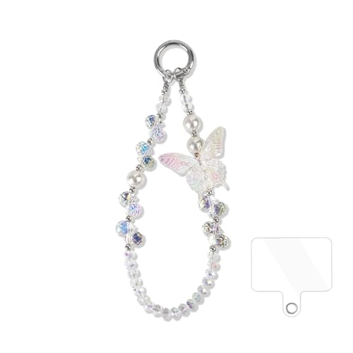 Beaded Phone Wrist Strap,Crystal Glitter Cute Butterfly Keychain Wristlet,Phone Chain Wristlet Purse Bag Charms - color: White