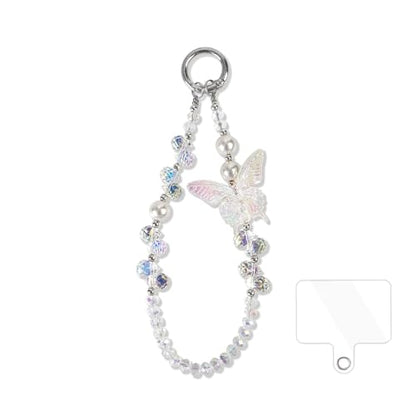 Beaded Phone Wrist Strap,Crystal Glitter Cute Butterfly Keychain Wristlet,Phone Chain Wristlet Purse Bag Charms - color: White