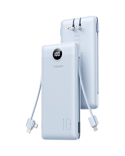 VEGER Portable Charger, 10000mAh Power Bank Built in Wall Plug and Cables - color: Blue