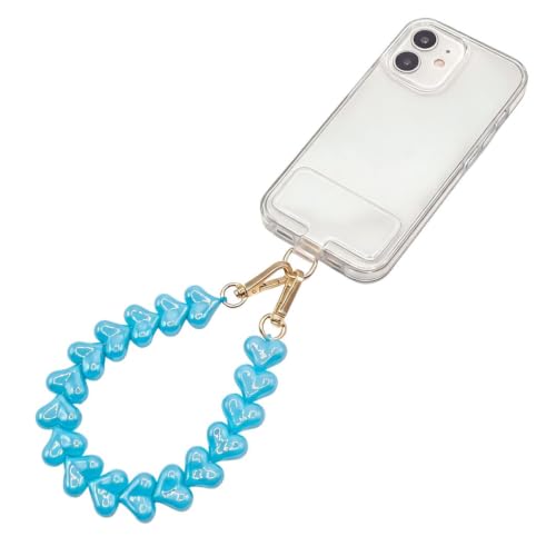 Heart Beaded Phone Wristlet | Phone Wrist Strap With Tether Tab | Cute Accessory for Phone, AirPods, Bag, Keys, Camera - color: Seafoam Blue