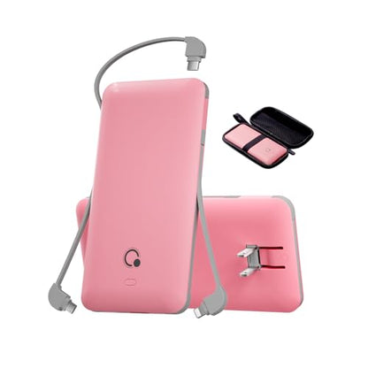 Portable Charger with Built-in Cables and AC Wall Plug, USB C External Battery Pack, 10000mAh Travel Essentials Power Bank Compatible with iPhone17/16/15/14/13, Samsung Galaxy, Pixel,Tablet and More - color: Light Pink