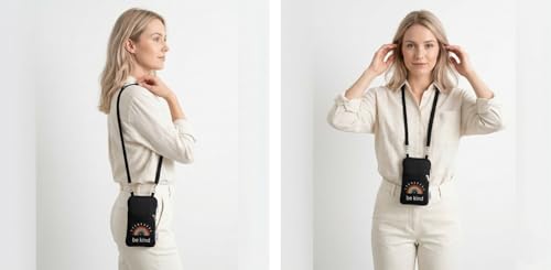 Tainada Small Crossbody Dual Zipper Cell Phone Neck Pouch (Be Kind Black) | Mini neoprene double zip wallet purse bag; Water-resistant, shockproof, lightweight; Adjustable & detachable lanyard strap - color: Be Kind Black