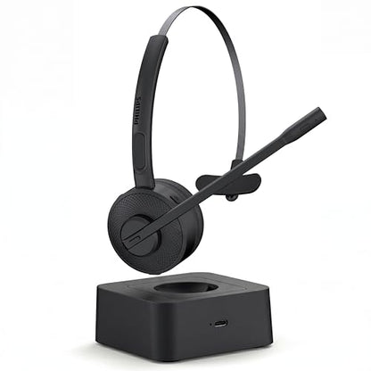 PHILIPS Wireless Headset with Mic for Work, Mono Bluetooth Trucker Headset with AI Noise Cancelling Microphone & Mute Button, All Day Extended Talk Time, Headphones for Office Call Center Computer PC