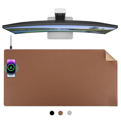 EYStech™ Desk Pad with Wireless Charger, Leather, Waterproof, Anti-Slip Wool Felt Base Material, Office Table Mat, Fast Charging Gaming Mouse Pad, 32”(L) x 16”(W), Brown (Left Side Charging Port)