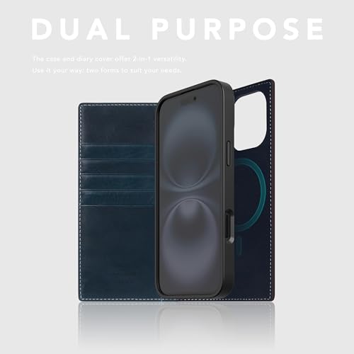 SLG D7 Italian Wax Leather Wallet Case for iPhone 16 - [2-in-1] Handcrafted Detachable Diary Style with Magnetic MagSafe Back Cover, Gift Box Included (Blue) - color: [D7 Wax] Blue, size: iPhone 16