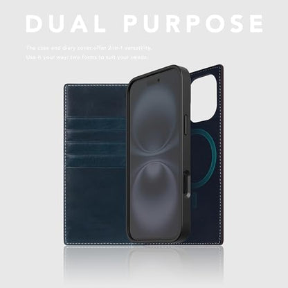 SLG D7 Italian Wax Leather Wallet Case for iPhone 16 - [2-in-1] Handcrafted Detachable Diary Style with Magnetic MagSafe Back Cover, Gift Box Included (Blue) - color: [D7 Wax] Blue, size: iPhone 16