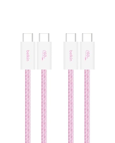 Belkin USB C to USB C 60W Braided Cable 2 Pack, 3.3ft iPhone Charger Cord - color: Pink, style: 3.3 ft - 2 pack