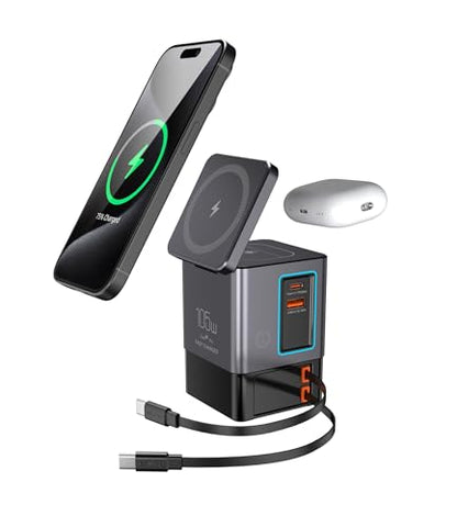 105W Retractable Charging Station, 6-in-1 GaN Charger with Dual 65W Cables