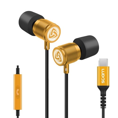 LUDOS Ultra USB C Headphones for iPhone 17 16 15 Pro Max Plus Air iPad Pro, 5 Years Warranty, Magnetic USB-C Earbuds for Samsung Galaxy S24 S23 Ultra S22 S21 FE S20 A55 A54 A53, USB Type C Earphones - color: Gold, style: USB-C
