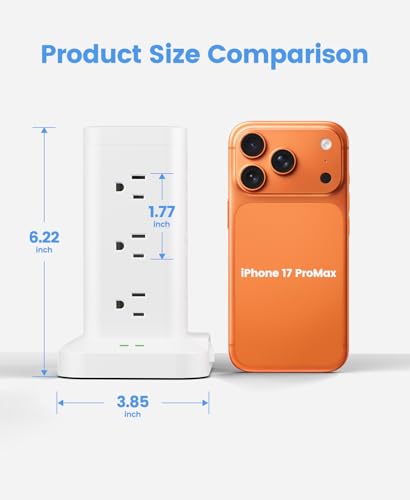 12AC 3USB Power Strip Tower Surge Protector 1800J, 6ft, White, 1 - color: White, size: 6ft