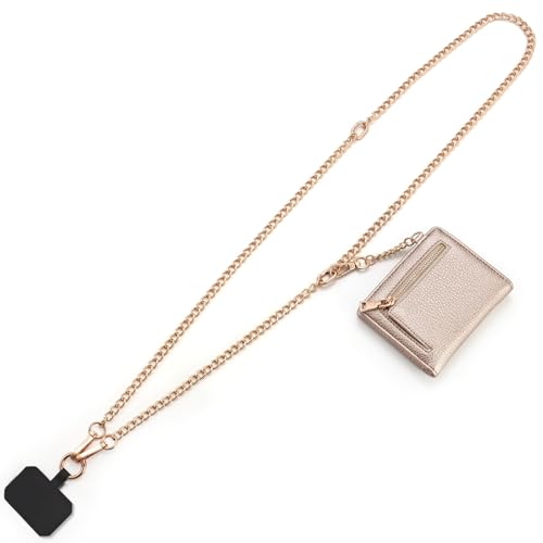 Diaclara Clip and Go Chain Phone Strap with Zipper Pouch- Stylish Crossbody Adjustable Chain Lanyard with Leather Wallet for All Phones, Gold - color: Chain Gold