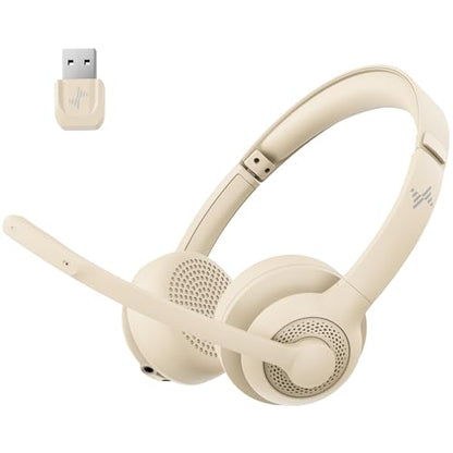 JIAMQISHI Bluetooth V5.2 Office Headset in Apricot, Wireless Headphones with Noise Reduction Microphone, USB Receiver and Mic Mute for Video Conference & Cellphones - color: Apricot