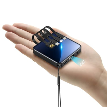 ummz Mini Portable Charger with Built-in 4 Cables，12000mAh Small Power Bank - color: black
