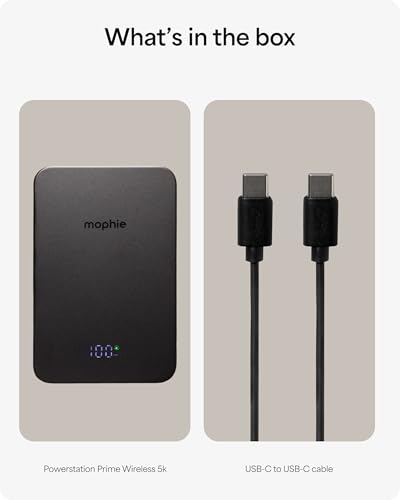 Mophie Powerstation Prime Wireless 5K Power Bank - Magnetic Wireless Portable Charger 5,000mAh Internal Battery External Battery Pack Slim Profile Travel Power Bank with Hidden Digital Display - Gray