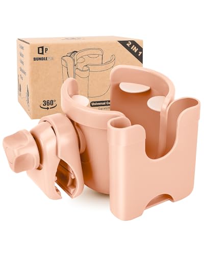 BUNDLEPRO Stroller Cup Holder with Phone Holder, 2-in-1, Pink - color: PINK