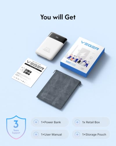 VEGER 10000mAh 0.4lb Fast Charging Portable Charger with Built-in Cables - color: White