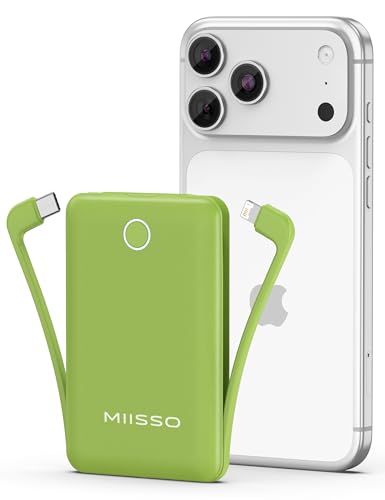 miisso 10000mAh Mini Portable Charger with Built in Cable, Green - color: Green