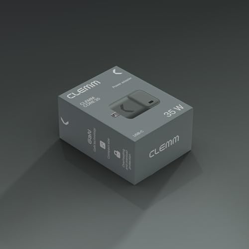 CLEMM Core USB-C Charger Block Power Adapter for iPhone 17/16/15/14/13/12/11/X, Galaxy S24 Ultra/S23 35W Max Output Fast Charging, Foldable, GaN, PPS, 3.0, 1 Port, Compact Sleek Design, Gray