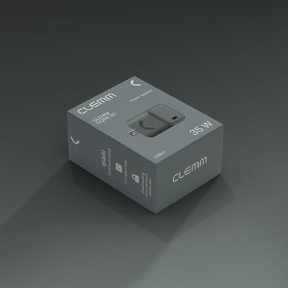 CLEMM Core USB-C Charger Block Power Adapter for iPhone 17/16/15/14/13/12/11/X, Galaxy S24 Ultra/S23 35W Max Output Fast Charging, Foldable, GaN, PPS, 3.0, 1 Port, Compact Sleek Design, Gray