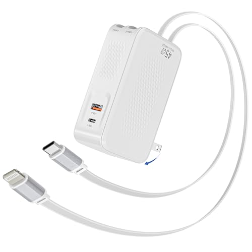 Retractable iPhone Charger,45W 4 in 1 Retractable Phone Charger Wall Plug with USB C and Lightning Cable Fast Charging Block with Dual Port(USB C+USB A) for iPhone 17/Air/16/15/14/13,iPad,Galaxy S26