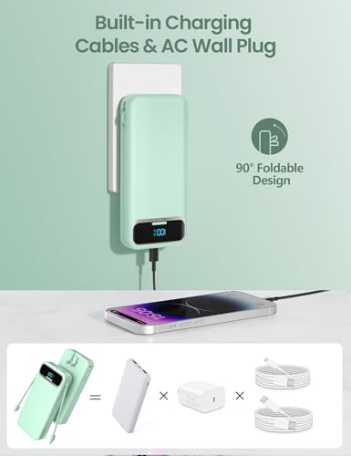 aonidi Portable Charger 12000mAh with Built-in Cables&AC Wall Plug, Green - color: Green