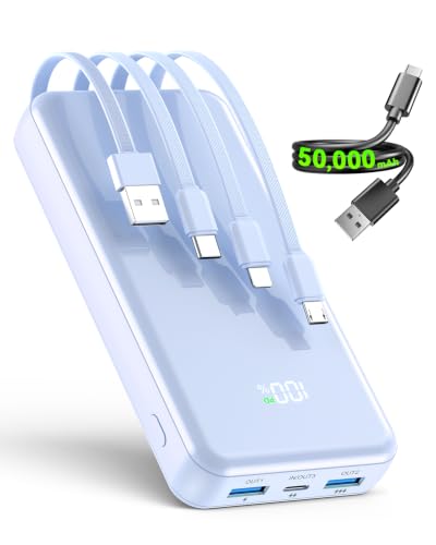 YILANS Portable Charger 50000mAh, 22.5W Power Bank with Built-in 4 Cables - color: Azure