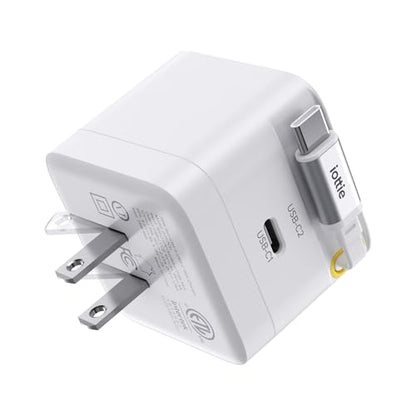 Basix by iOttie 35W GaN Wall Charger with Built-in Retractable USB-C Cable and Extra USB-C Port, Dual Device Fast Charging, Compact Travel Charger with Folding Prongs