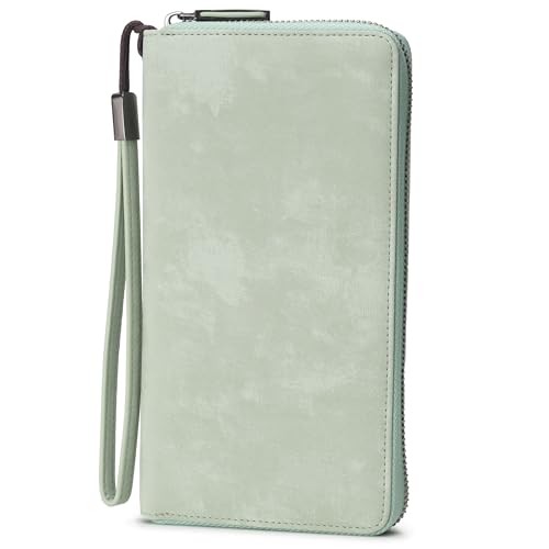 Bveyzi Women RFID Blocking Wallet Leather Zip Around Phone Clutch Large Capacity Ladies Travel Purse Wristlet - color: Sage Green