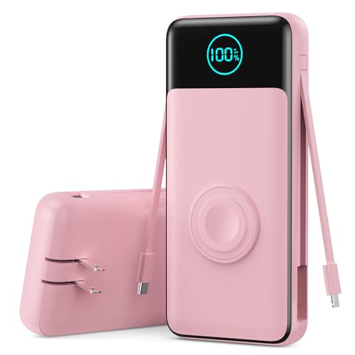 Portable Charger for iPhone with Built-in Cables and AC Wall Plug,26800mah Fast Charging USB C Power Bank,25W PD Travel Essential Battery Pack for iPhone 17/16/15/14/13,Galaxy,Apple Watch (Pink) - color: Pink
