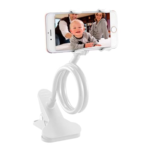 Gooseneck Phone Holder for Bed, Cell Phone Mount Clamp Clip, Flexible Long Arm Overhead Cellphone Mount, Bedside Lazy Bracket, Cellphone Stand for Desk, Table, Headboard(White) - color: White