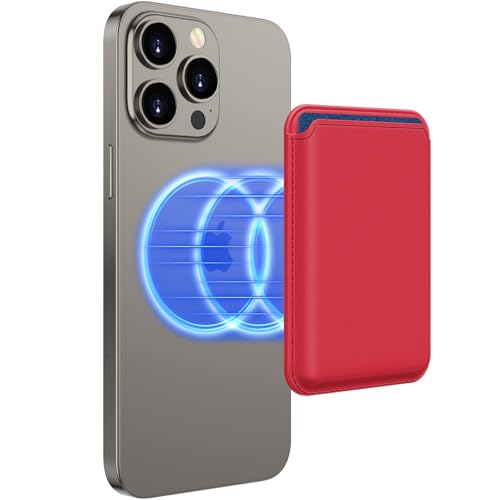 Upgraded MagSafe Wallet, Magnetic Phone Wallet 3 Cards Holder, 23 Magnets, Credit Card RFID Blocking, Slim Leather, Magnetic Wallets for iPhone 17/16/15/14/13/12 Series-Red - color: Red