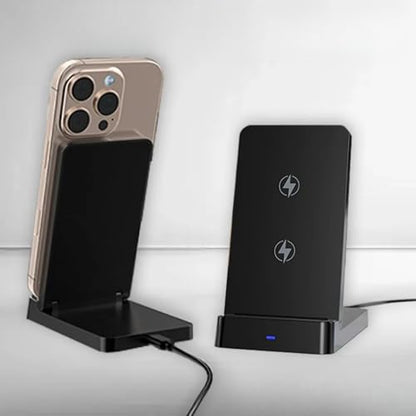 15W Foldable Double Coil Wireless Charger Phone Holder Stand for iPhone 17 16 15 14 13 12 Pro Max Samsung Xiaomi Fast Charging Station (Black)