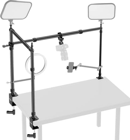 NEEWER Overhead Camera Mount Rig with Dual Ball Head Super Clamp/Phone Holder/C Clamp for Desktop Top Down Shots, Metal Multi Device Mount Platform for Photography Live Streaming Video Making, NK003