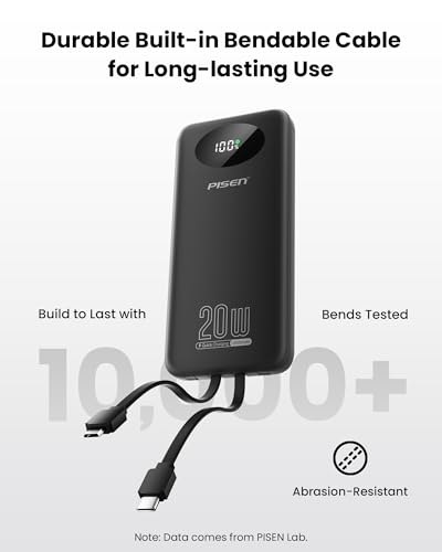 PISEN 3C Certified Power Bank - 10000mAh 20W Fast Charging Battery Pack with Built-in 4 Cable Smart LED Display Flight-Approved Portable Charger Travel Power Bank for iPhone, Samsung, iPad, Tablets