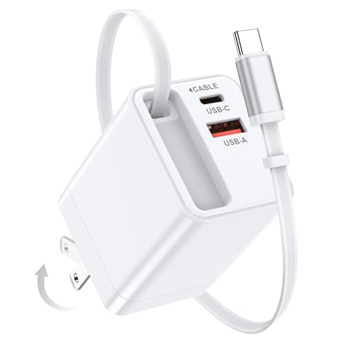 USB C Retractable Wall Charger with Foldable Plug,35W PD&QC Fast Charging Block with 3FT Retractable USB C Cords for iPhone 17 18 Pro Max/17/Air/16/16 Pro/15 Plus/Samsung Galaxy S25/S24/Pixel 10/9/8