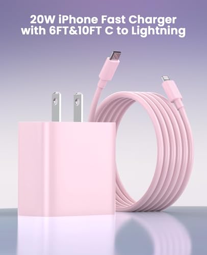 iPhone Charger Fast Charging, USB C Charger Block, 6FT/10FT Lightning Cable - color: pink