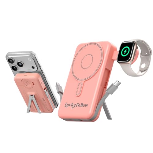 Magnetic Portable Charger Built-in Cables,10000mAh Fast Charging Wireless Charger Station External Battery Pack Slim Pocket Size Power Bank with Stand Compatible with iWatch, iPhone - color: Pink
