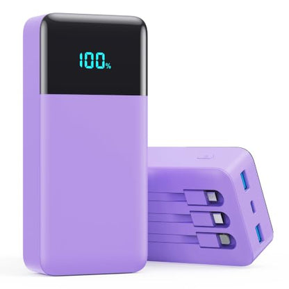 Portable Charger 50800mAh Power Bank with 3 Built in Cables,25W PD QC4.0 Fast Charging USB C Battery Pack,6 Outputs 2 Inputs Travel Essentials Phone Charger for iPhone 18/17/16/15/Pro,Android,Purple - color: Purple