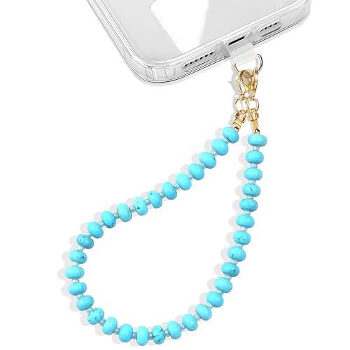 Natural Stone Beaded Phone Wrist Strap for Women, 304 Steel Core - color: Marble-blue