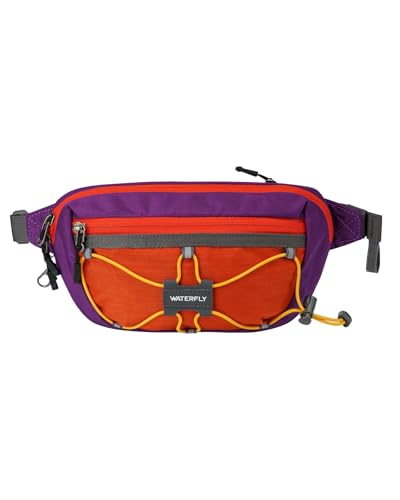 WATERFLY Small Fanny Pack RFID Blocking Travel Hiking Crossbody Waist Bag | Anti-theft design, Water resistant, Lockable zipper, Hidden rear pocket, Lightweight hip belt bag, EDC Running, Cycling, Gym - color: Purple-Red