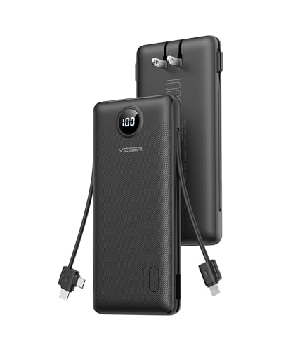VEGER Portable Charger, 10000mAh Power Bank Built in Wall Plug and Cables - color: Grey