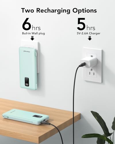charmast Portable Charger Power Bank 10000mAh with Built-in AC Wall Plug - color: Cyan