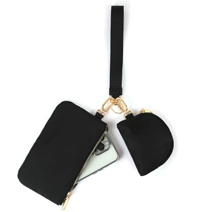 Mini Zip Around Wristlet Wallet, Dual Pouch Keychain Coin Purse for Women | Phone wallet design, detachable pouches, waterproof nylon, zipper closure, card holder, travel and daily essentials organizer - color: Black+Gold