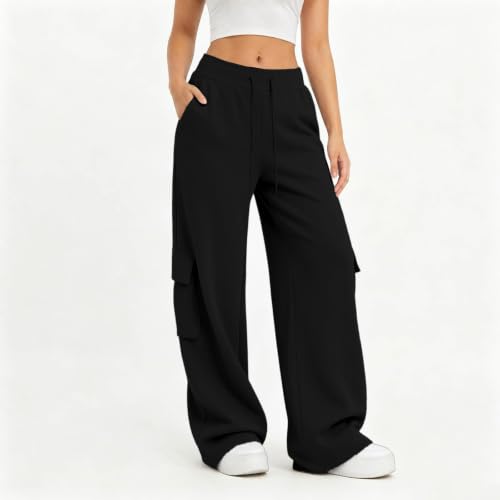 Cargo Sweatpants For Women Baggy Drawstring Waist Hiking Pants Lightweight Y2k Stretch Athletic Joggers With Pockets - color: Black, size: Small
