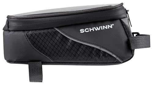 Schwinn Top Tube Phone Bag for Bicycles, Black, Touch-Screen Compatible Smartphone Pocket, Easy Installation, Weatherproof Zip Pocket, Storage for Phone, Wallet, Keys and More, Bike Frame Mount Bag