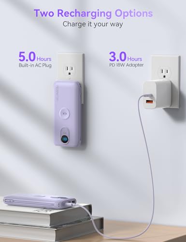 Portable Charger Power Bank 10000mAh PD20W w/Built-in Cables & AC Plug - color: Purple