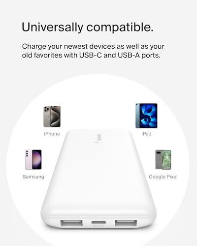 Belkin 10000mAh 15W 3 Port Power Bank, USB A to USB C Cable Included | Fast Charging, iPhone 17, Samsung Galaxy, Pixel, Airpods, iPad, Nintendo Switch 2, Battery Pack, USB C Port, USB A Port - color: White